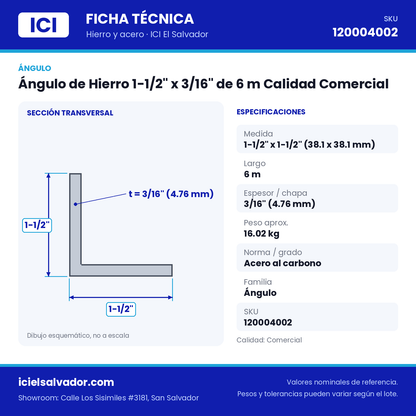 Ficha técnica Ángulo de Hierro 1-1/2" x 3/16" de 6 m Calidad Comercial – ICI El Salvador