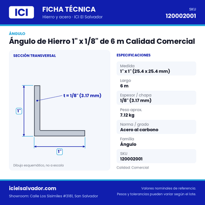 Ficha técnica Ángulo de Hierro 1" x 1/8" de 6 m Calidad Comercial – ICI El Salvador