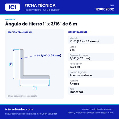 Ficha técnica Ángulo de Hierro 1" x 3/16" de 6 m – ICI El Salvador