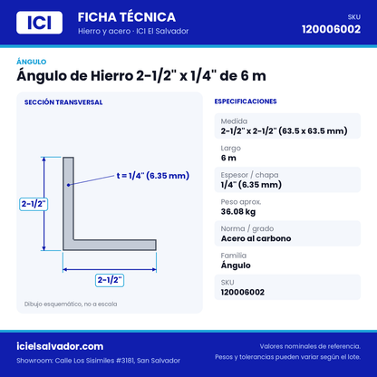 Ficha técnica Ángulo de Hierro 2-1/2" x 1/4" de 6 m – ICI El Salvador