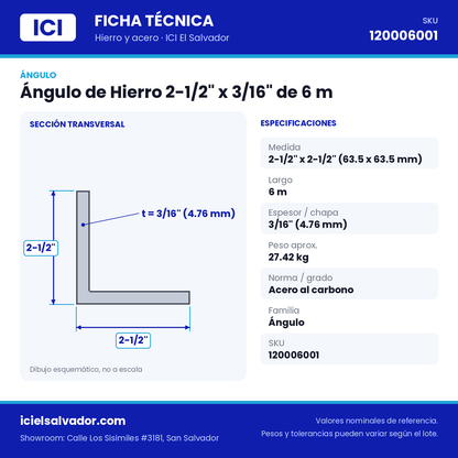 Ficha técnica Ángulo de Hierro 2-1/2" x 3/16" de 6 m – ICI El Salvador