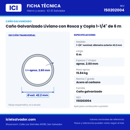 Ficha técnica Caño Galvanizado Liviano con Rosca y Copla 1-1/4" de 6 m – ICI El Salvador