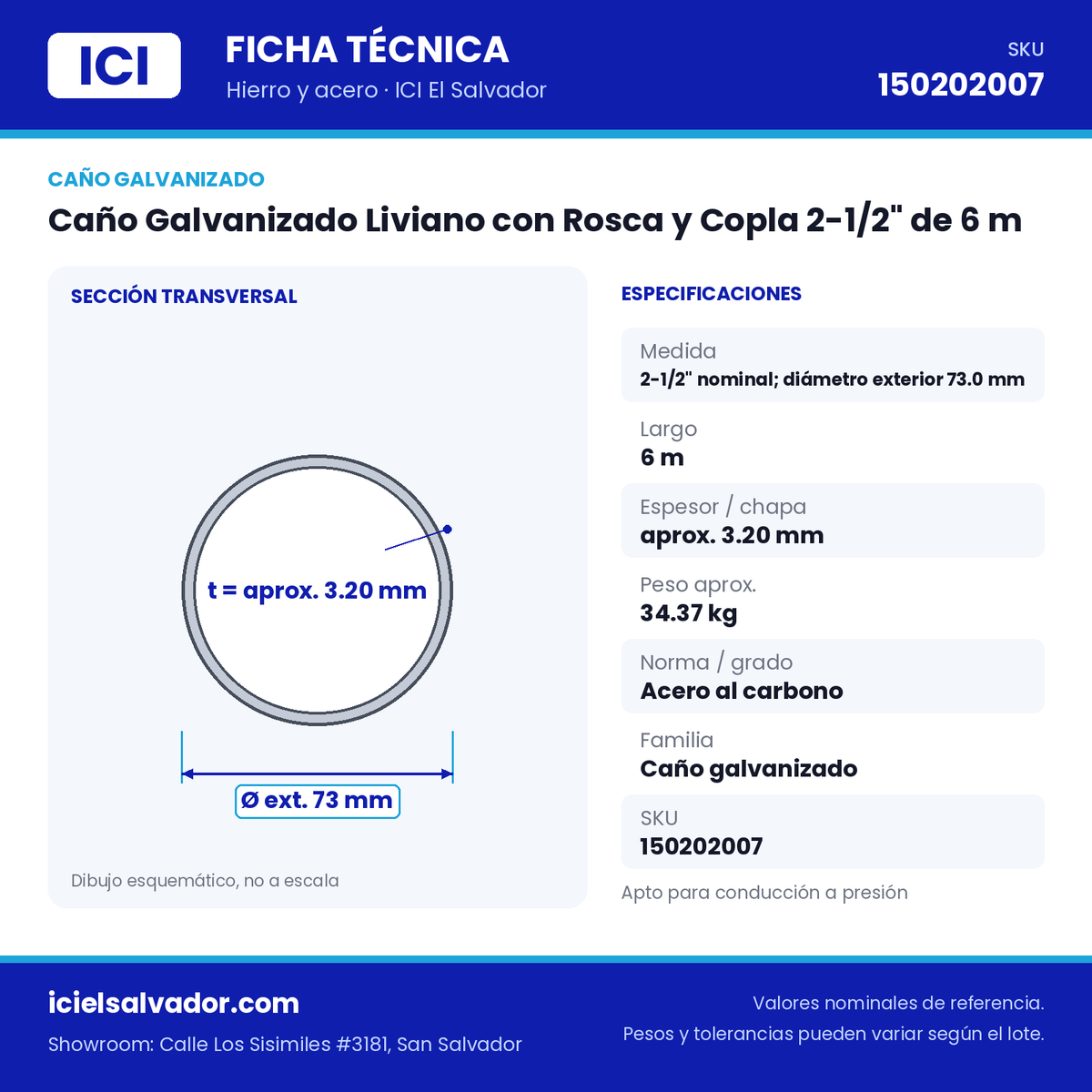 Ficha técnica Caño Galvanizado Liviano con Rosca y Copla 2-1/2" de 6 m – ICI El Salvador