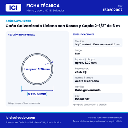 Ficha técnica Caño Galvanizado Liviano con Rosca y Copla 2-1/2" de 6 m – ICI El Salvador