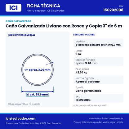 Ficha técnica Caño Galvanizado Liviano con Rosca y Copla 3" de 6 m – ICI El Salvador