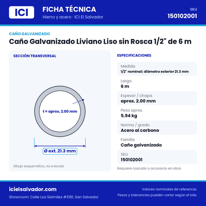 Ficha técnica Caño Galvanizado Liviano Liso sin Rosca 1/2" de 6 m – ICI El Salvador