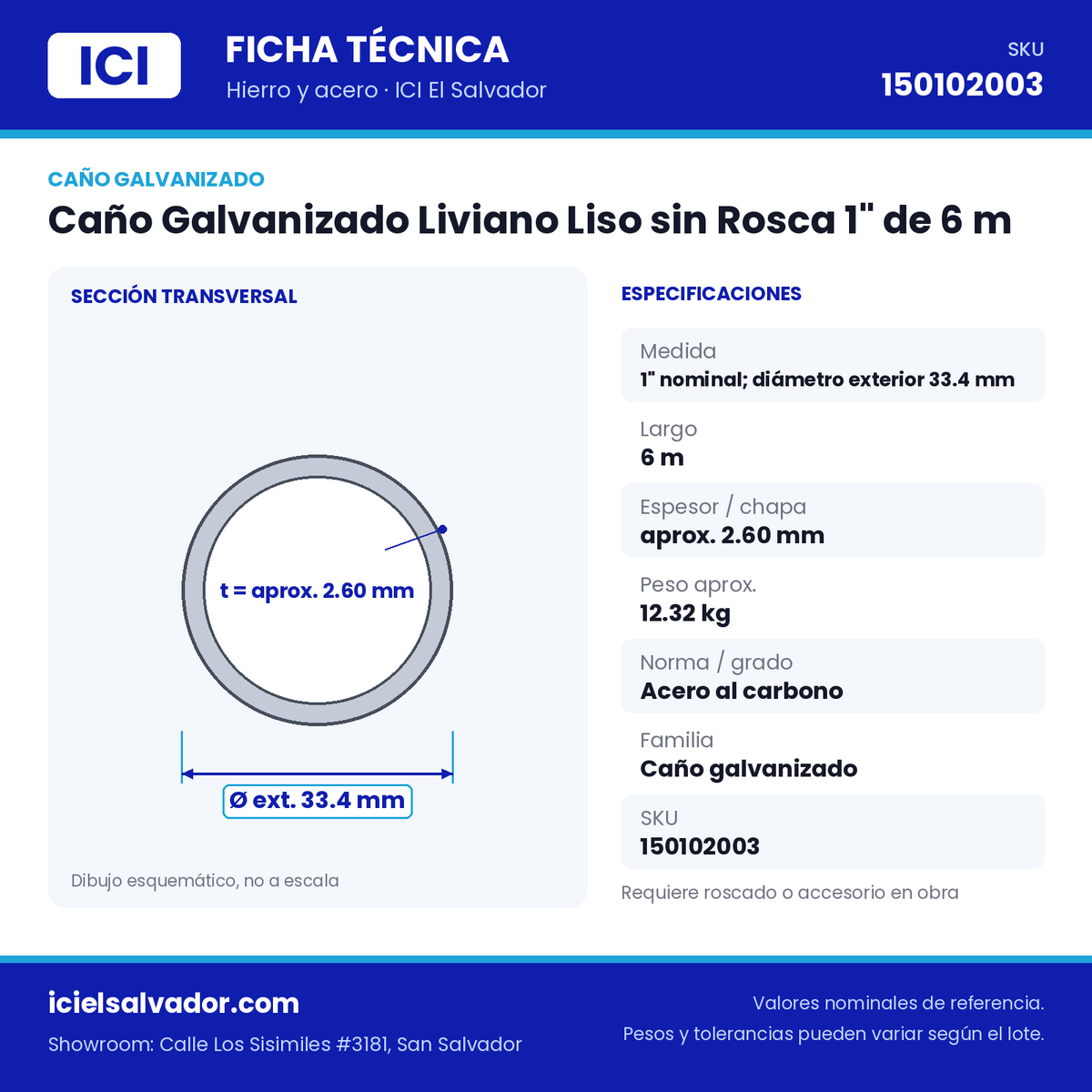 Ficha técnica Caño Galvanizado Liviano Liso sin Rosca 1" de 6 m – ICI El Salvador