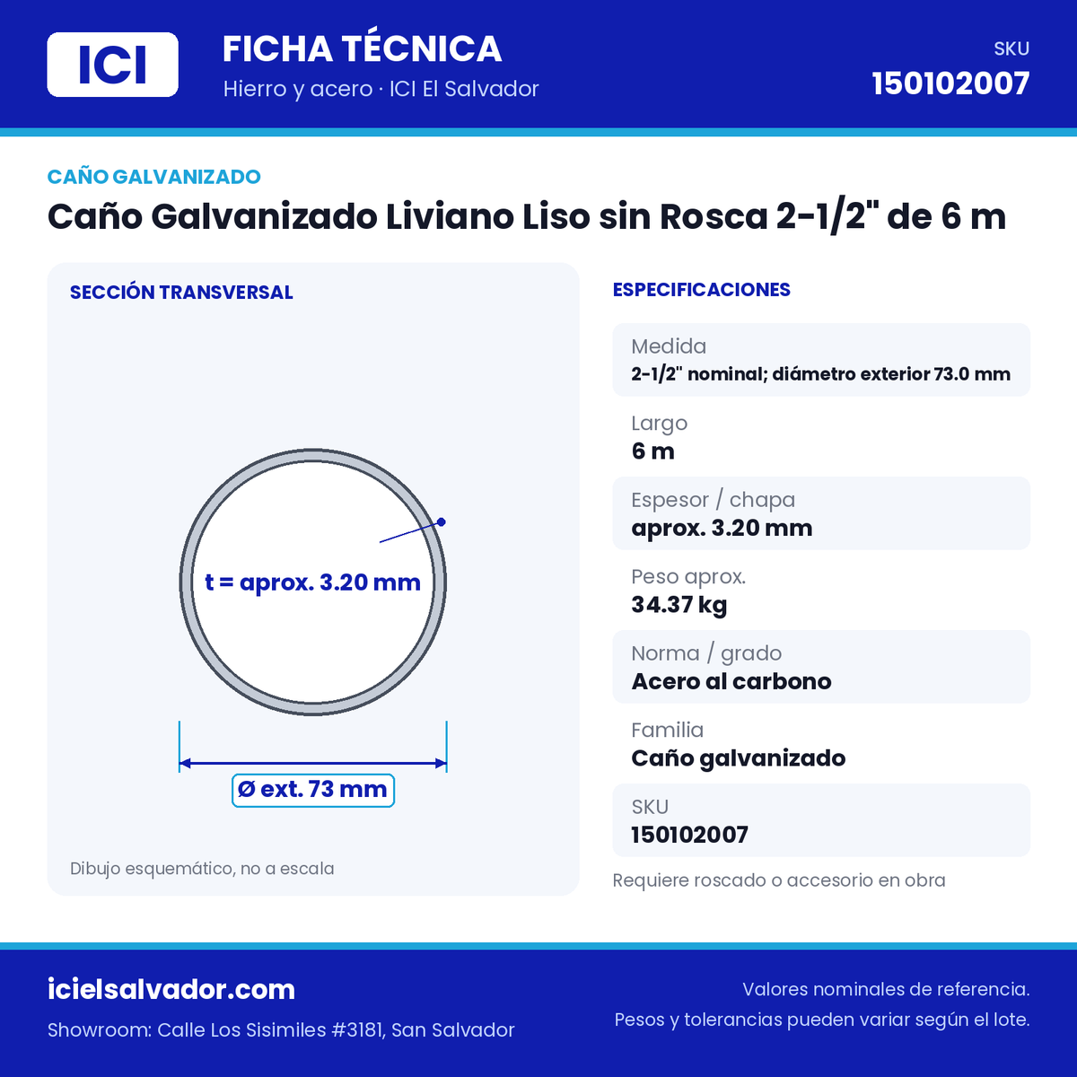 Ficha técnica Caño Galvanizado Liviano Liso sin Rosca 2-1/2" de 6 m – ICI El Salvador