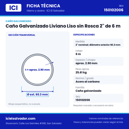 Ficha técnica Caño Galvanizado Liviano Liso sin Rosca 2" de 6 m – ICI El Salvador