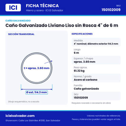 Ficha técnica Caño Galvanizado Liviano Liso sin Rosca 4" de 6 m – ICI El Salvador