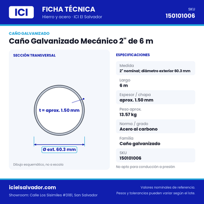 Ficha técnica Caño Galvanizado Mecánico 2" de 6 m – ICI El Salvador