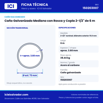 Ficha técnica Caño Galvanizado Mediano con Rosca y Copla 2-1/2" de 6 m – ICI El Salvador