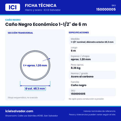 Ficha técnica Caño Negro Económico 1-1/2" de 6 m – ICI El Salvador