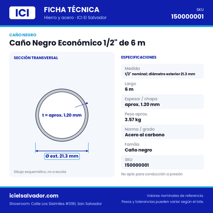 Ficha técnica Caño Negro Económico 1/2" de 6 m – ICI El Salvador
