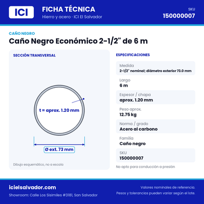 Ficha técnica Caño Negro Económico 2-1/2" de 6 m – ICI El Salvador