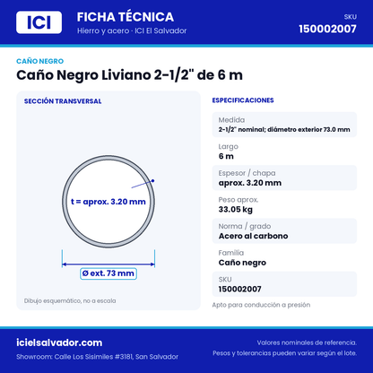 Ficha técnica Caño Negro Liviano 2-1/2" de 6 m – ICI El Salvador