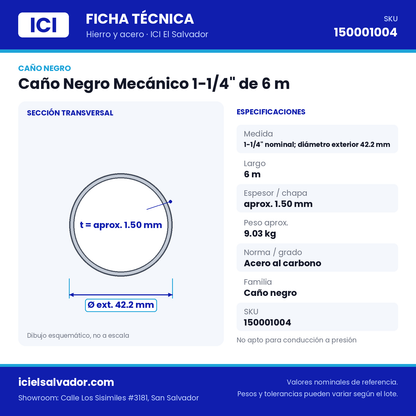 Ficha técnica Caño Negro Mecánico 1-1/4" de 6 m – ICI El Salvador