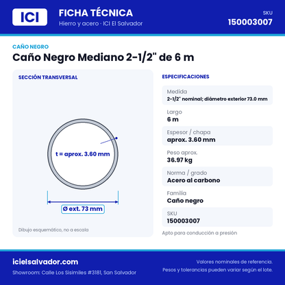 Ficha técnica Caño Negro Mediano 2-1/2" de 6 m – ICI El Salvador