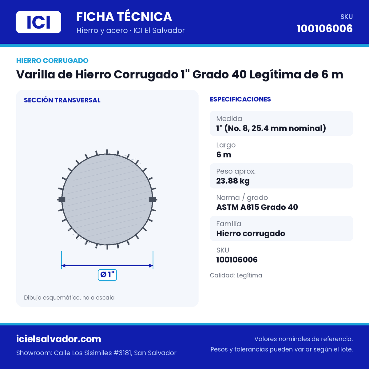 Ficha técnica Varilla de Hierro Corrugado 1" Grado 40 Legítima de 6 m – ICI El Salvador