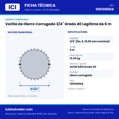 Ficha técnica Varilla de Hierro Corrugado 3/4" Grado 40 Legítima de 6 m – ICI El Salvador