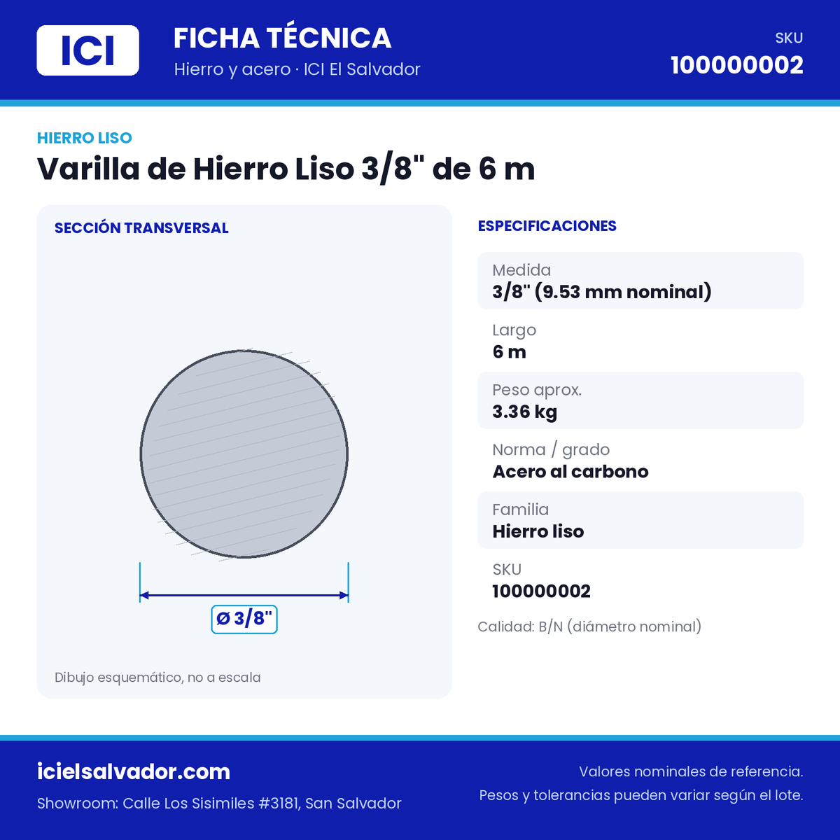 Ficha técnica Varilla de Hierro Liso 3/8" de 6 m – ICI El Salvador