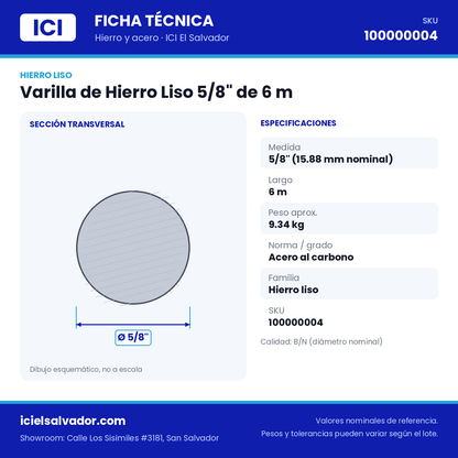 Ficha técnica Varilla de Hierro Liso 5/8" de 6 m – ICI El Salvador