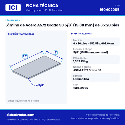 Ficha técnica Lámina de Acero A572 Grado 50 5/8" (15.88 mm) de 6 x 20 pies – ICI El Salvador