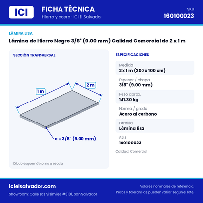 Ficha técnica Lámina de Hierro Negro 3/8" (9.00 mm) Calidad Comercial de 2 x 1 m – ICI El Salvador