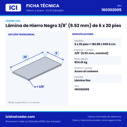 Ficha técnica Lámina de Hierro Negro 3/8" (9.53 mm) de 6 x 20 pies – ICI El Salvador