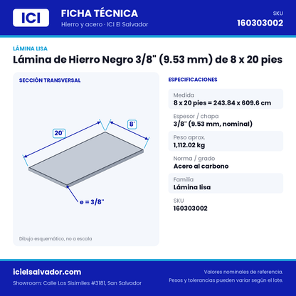 Ficha técnica Lámina de Hierro Negro 3/8" (9.53 mm) de 8 x 20 pies – ICI El Salvador