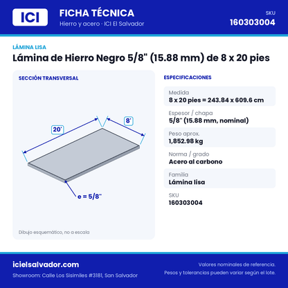 Ficha técnica Lámina de Hierro Negro 5/8" (15.88 mm) de 8 x 20 pies – ICI El Salvador
