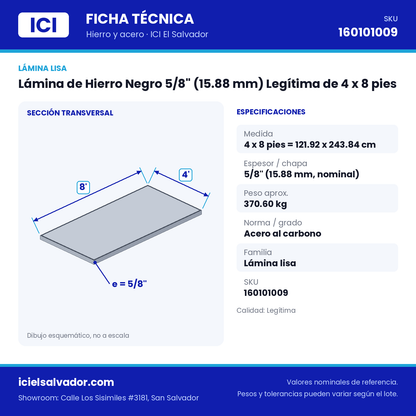 Ficha técnica Lámina de Hierro Negro 5/8" (15.88 mm) Legítima de 4 x 8 pies – ICI El Salvador