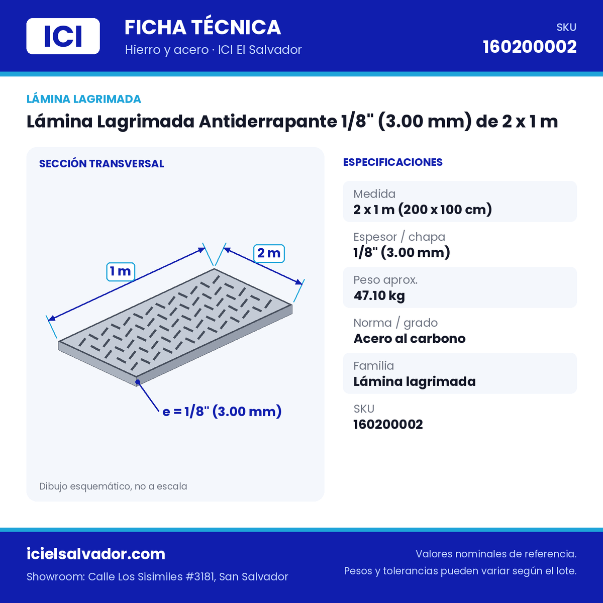 Ficha técnica Lámina Lagrimada Antiderrapante 1/8" (3.00 mm) de 2 x 1 m – ICI El Salvador