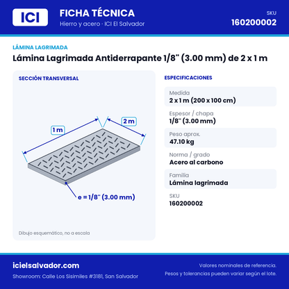 Ficha técnica Lámina Lagrimada Antiderrapante 1/8" (3.00 mm) de 2 x 1 m – ICI El Salvador