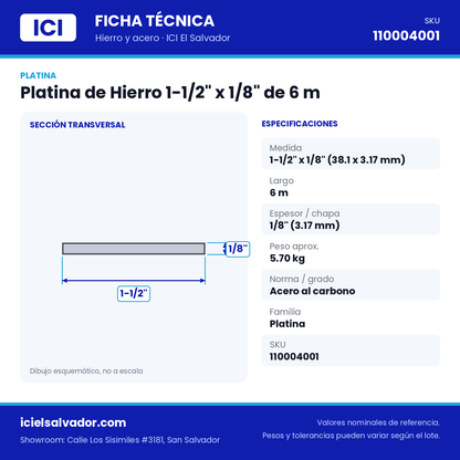 Ficha técnica Platina de Hierro 1-1/2" x 1/8" de 6 m – ICI El Salvador