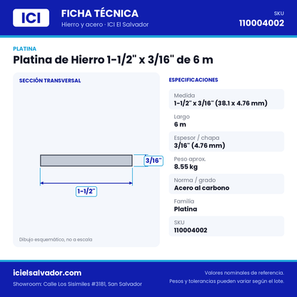 Ficha técnica Platina de Hierro 1-1/2" x 3/16" de 6 m – ICI El Salvador