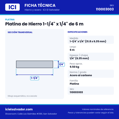 Ficha técnica Platina de Hierro 1-1/4" x 1/4" de 6 m – ICI El Salvador