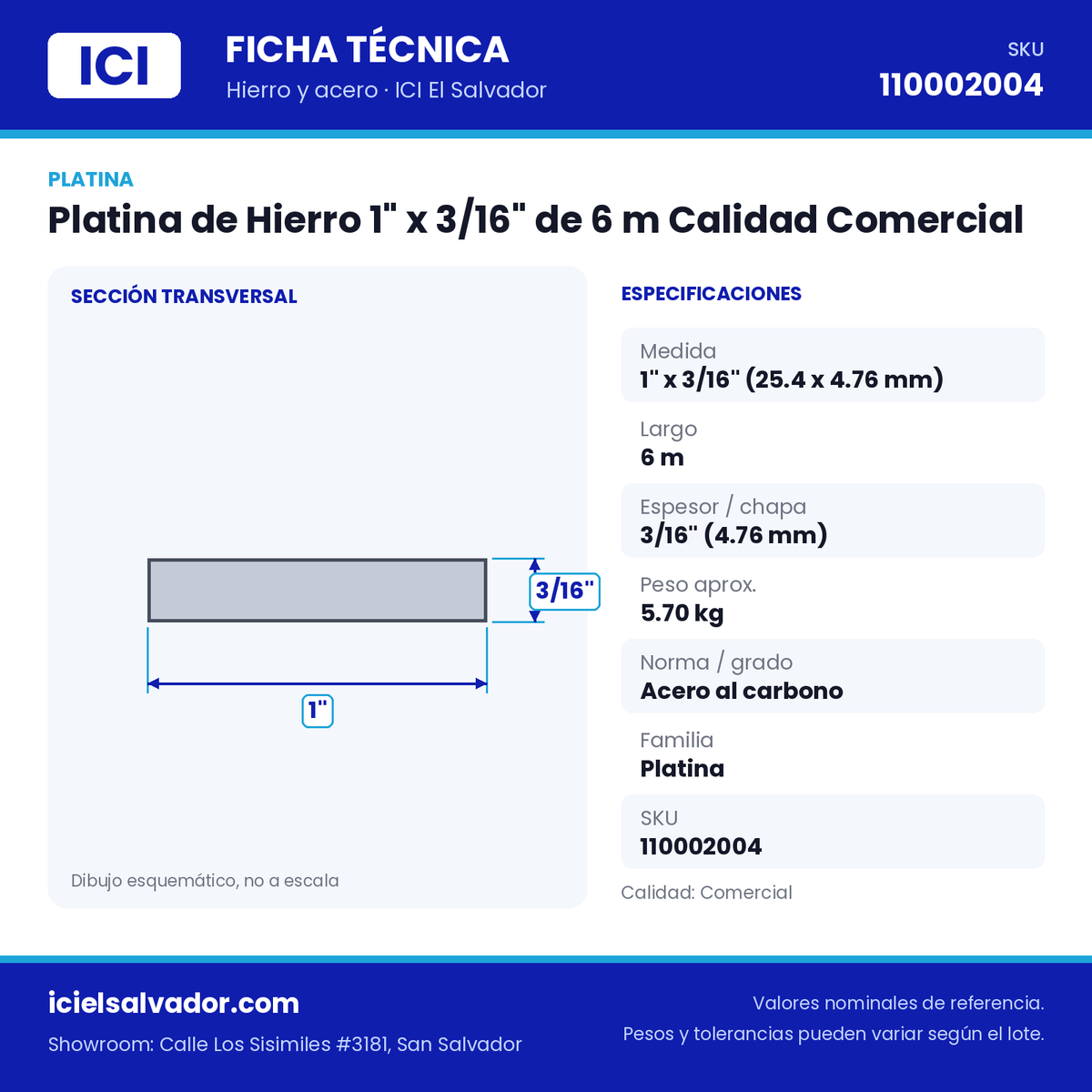 Ficha técnica Platina de Hierro 1" x 3/16" de 6 m Calidad Comercial – ICI El Salvador