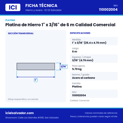 Ficha técnica Platina de Hierro 1" x 3/16" de 6 m Calidad Comercial – ICI El Salvador