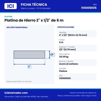 Ficha técnica Platina de Hierro 2" x 1/2" de 6 m – ICI El Salvador