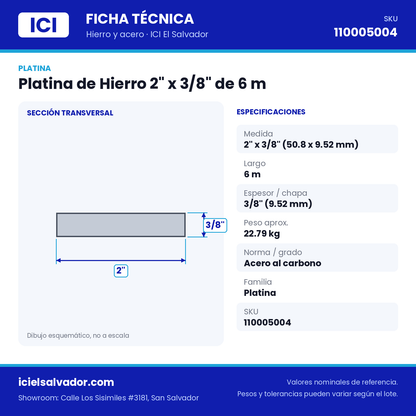 Ficha técnica Platina de Hierro 2" x 3/8" de 6 m – ICI El Salvador