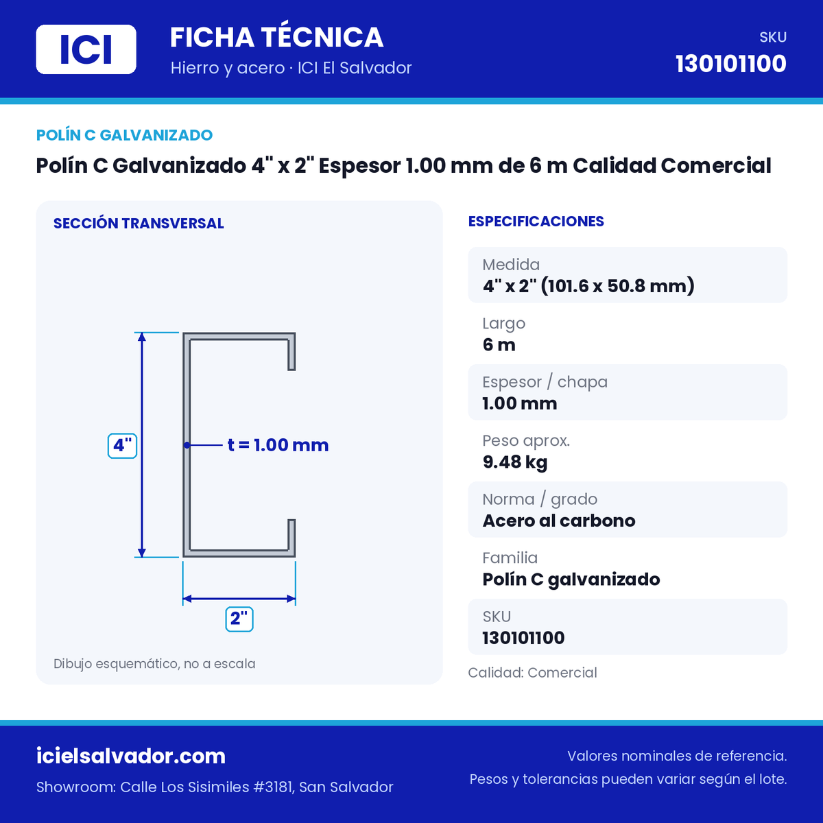Ficha técnica Polín C Galvanizado 4" x 2" Espesor 1.00 mm de 6 m Calidad Comercial – ICI El Salvador