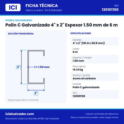 Ficha técnica Polín C Galvanizado 4" x 2" Espesor 1.50 mm de 6 m – ICI El Salvador