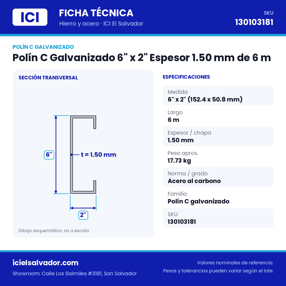 Ficha técnica Polín C Galvanizado 6" x 2" Espesor 1.50 mm de 6 m – ICI El Salvador