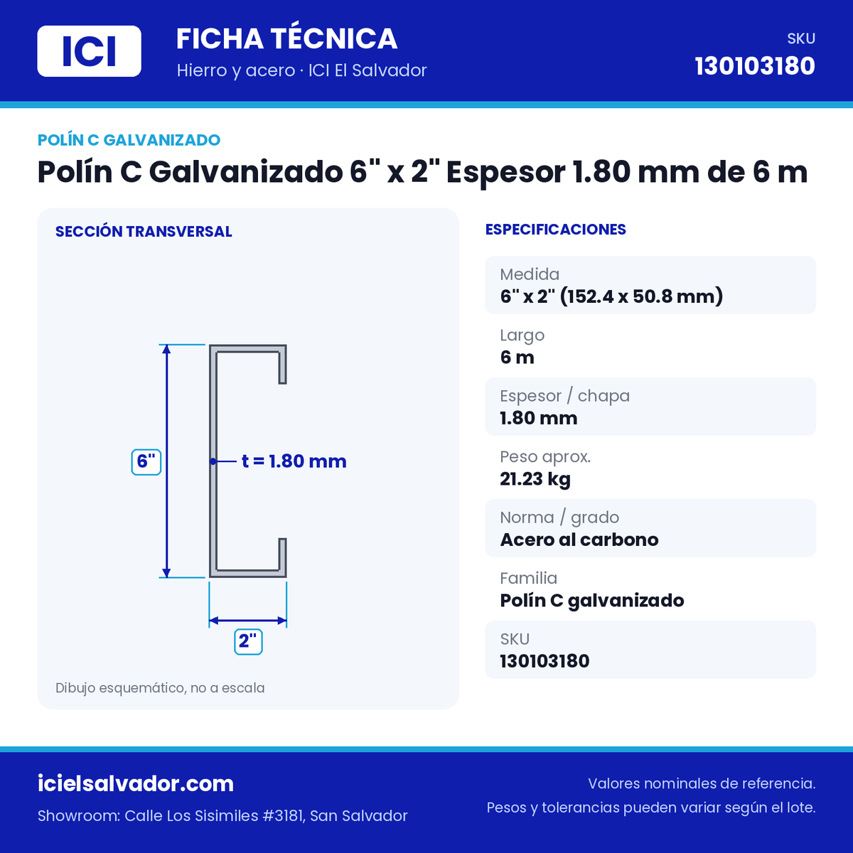 Ficha técnica Polín C Galvanizado 6" x 2" Espesor 1.80 mm de 6 m – ICI El Salvador