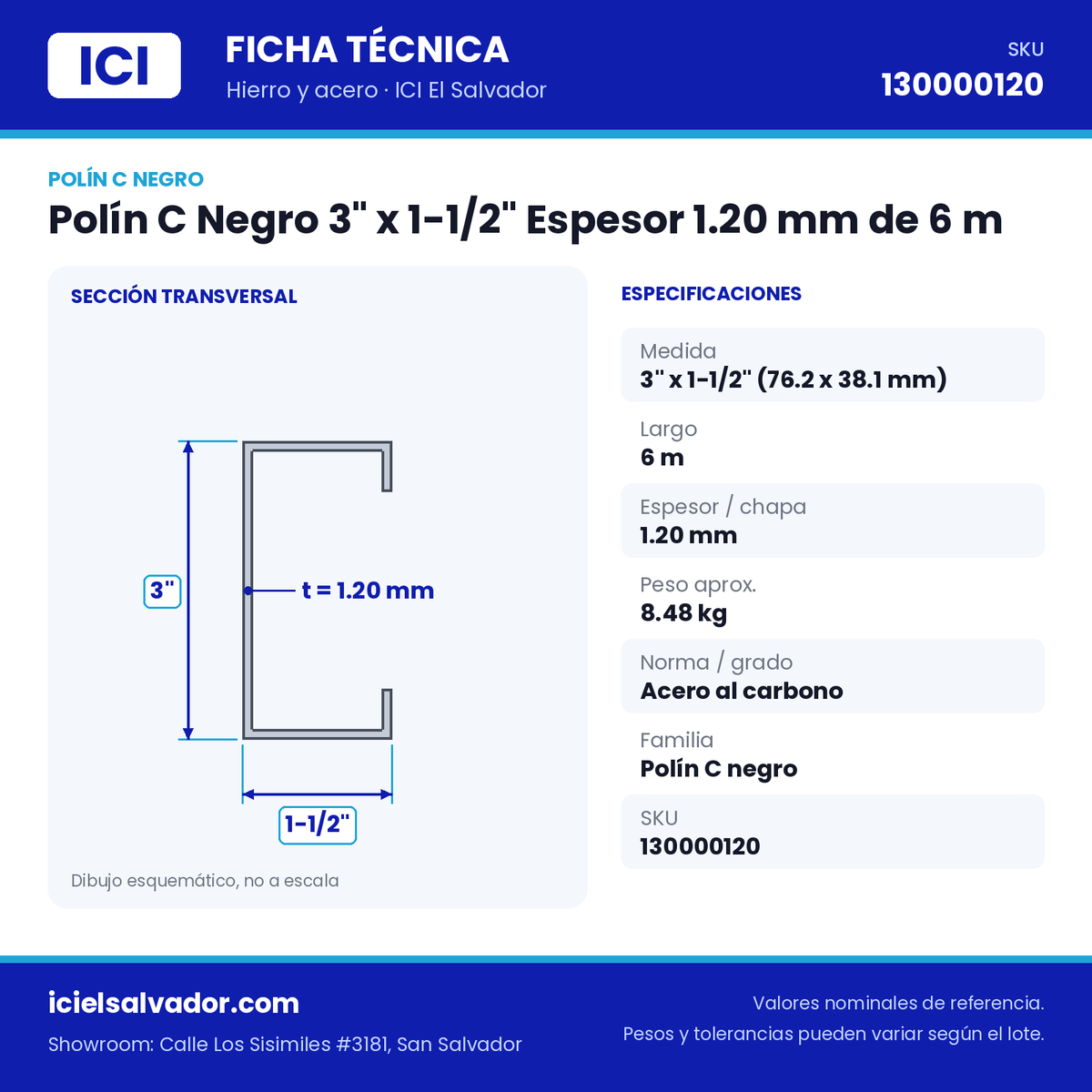 Ficha técnica Polín C Negro 3" x 1-1/2" Espesor 1.20 mm de 6 m – ICI El Salvador