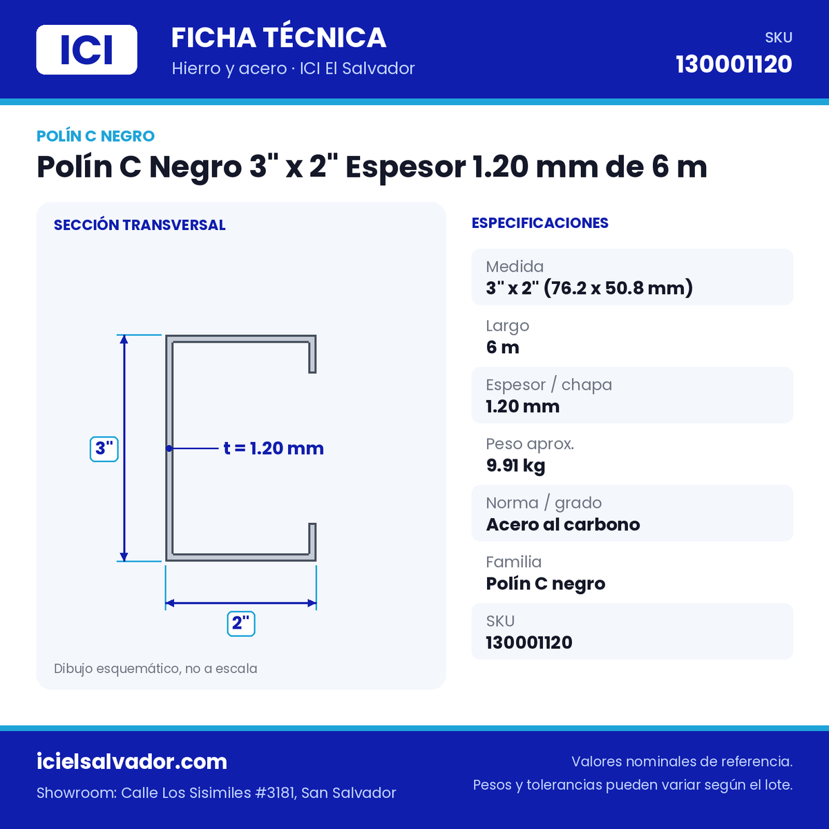 Ficha técnica Polín C Negro 3" x 2" Espesor 1.20 mm de 6 m – ICI El Salvador