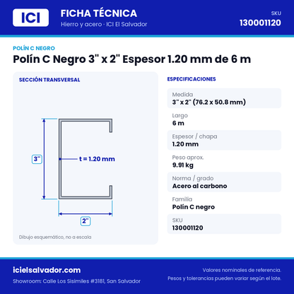 Ficha técnica Polín C Negro 3" x 2" Espesor 1.20 mm de 6 m – ICI El Salvador