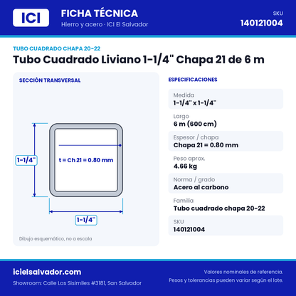 Ficha técnica Tubo Cuadrado Liviano 1-1/4" Chapa 21 de 6 m – ICI El Salvador