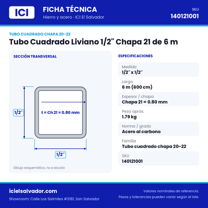Ficha técnica Tubo Cuadrado Liviano 1/2" Chapa 21 de 6 m – ICI El Salvador